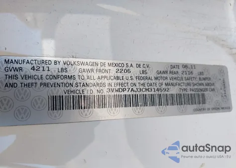 2012 Volkswagen Jetta 2.5L Se из США, поврежденный, VIN 3VWDP7AJ3CM314592